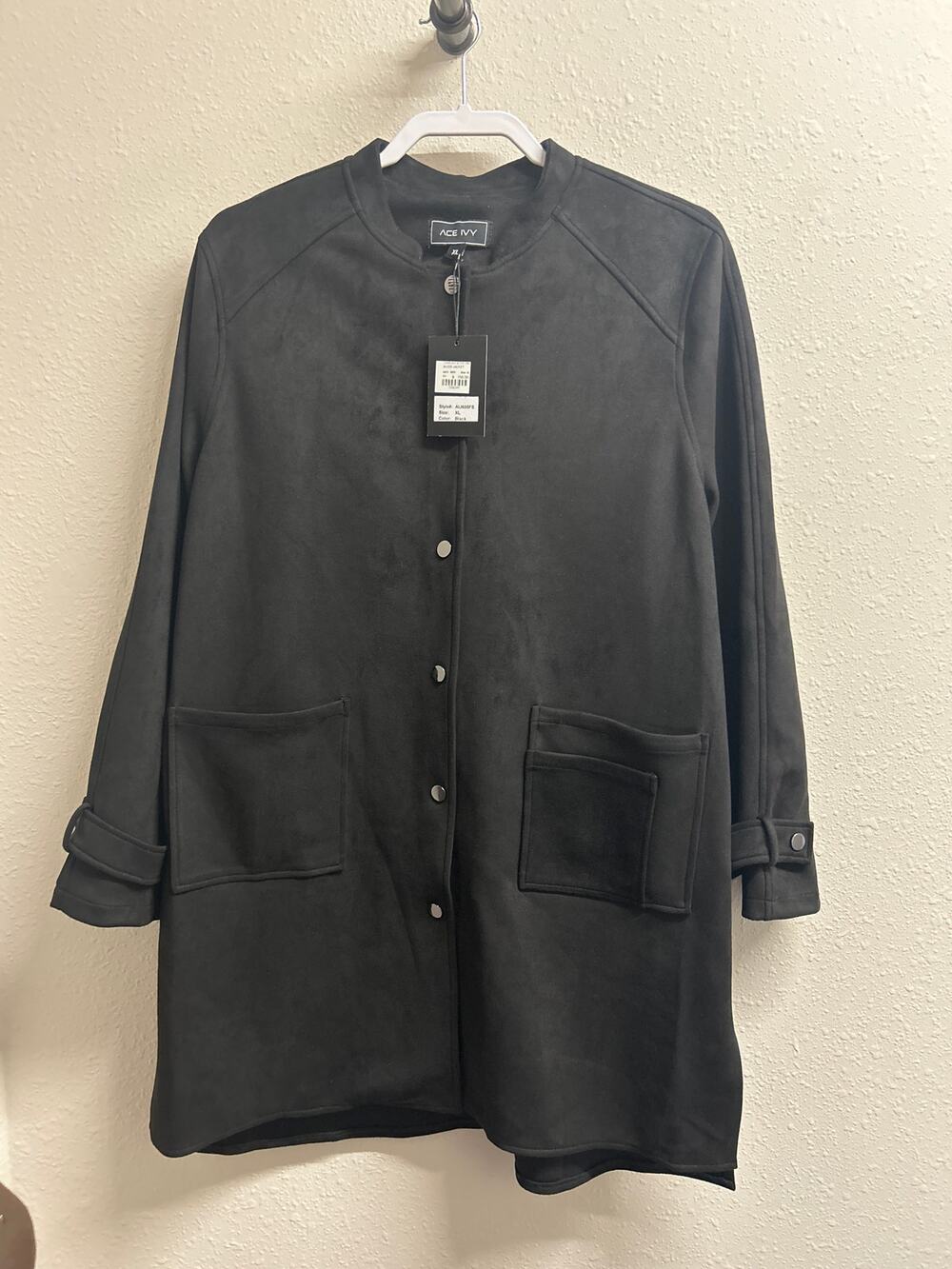 NWT Ace Ivy Women’s Snap Up Black Faux Suede Trench Coat Jacket size XL $158